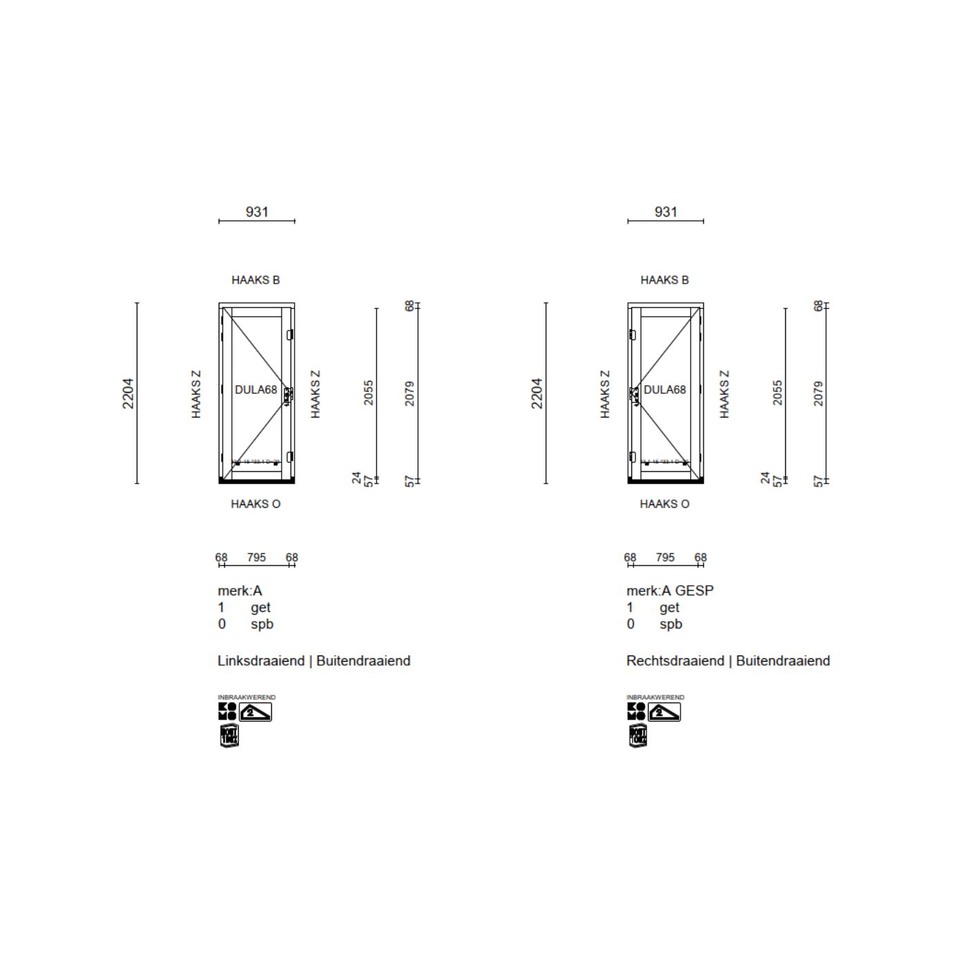Buitendraaiende deur Kant en Klaar | 930 B | 2204 H schaduw afbeelding